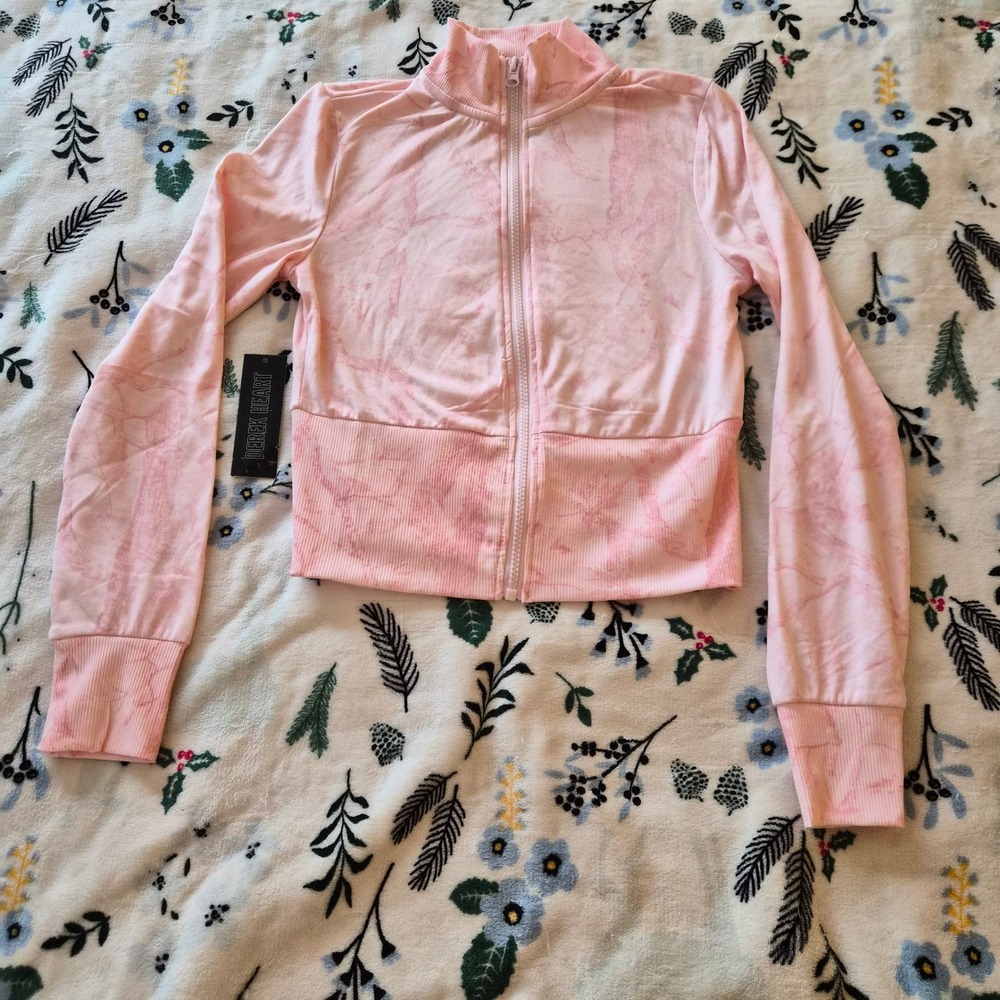 NWOT Derek Heart Youth Girls Pink Tie Dye Marble Cropped Zip Up Track Jacket M